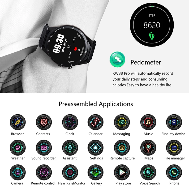 Смарт-часы KW88 Pro Bluetooth android 7 0 IOS AMOLED экран 1 Гб + 16 ГБ пульсометр шагомер 3G WIFI камера