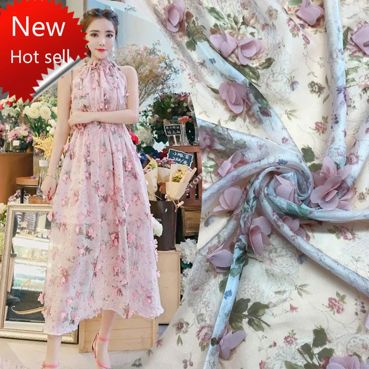 Шифон 30D Печать Цветок Ручная вышивка ткань кружева ткани модное платье