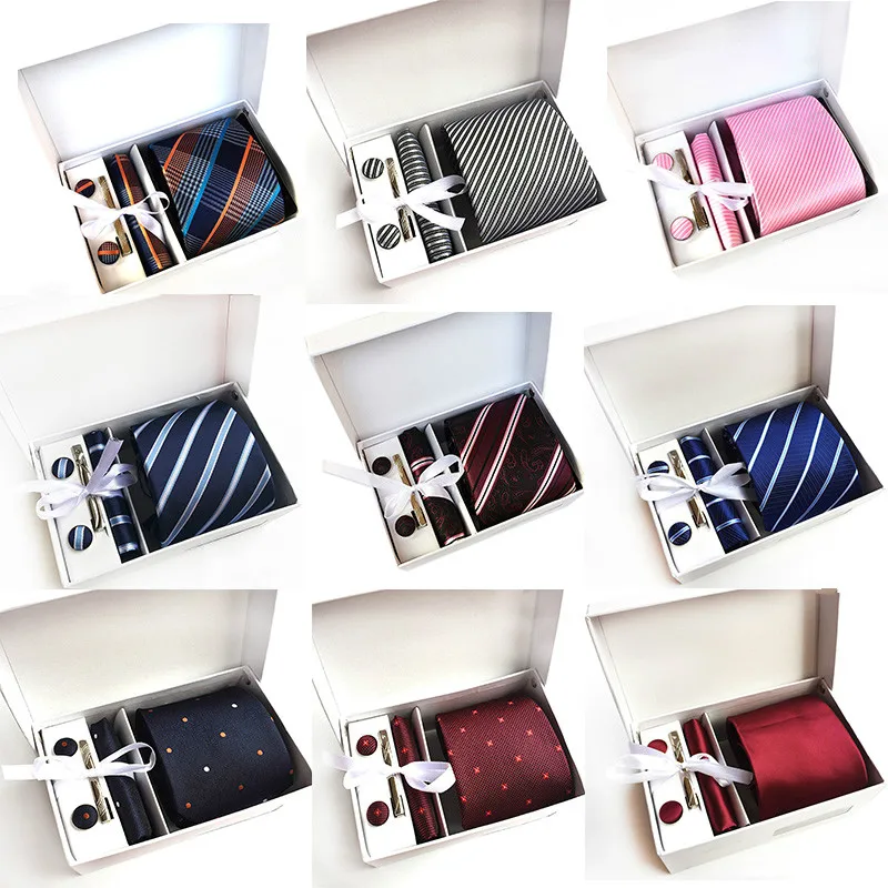 Luxury 8cm Plaid Polka Dot Flower Floral Necktie Pocket Square Cufflinks Tie Clip Set Gift Box Packing Gravata Wedding Party Tie