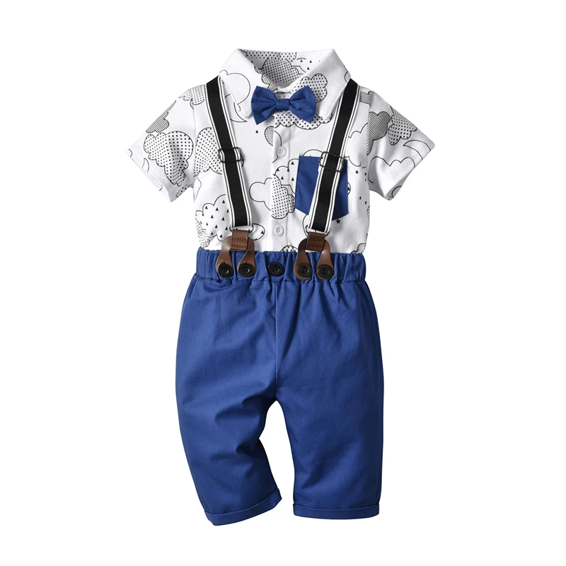 Baby Boy Short Clothes Set Cloud Pattern Romper Bow + Blue Five Pants Suit Infant Boys Outfit 1 2 3 Years White Top Belt |