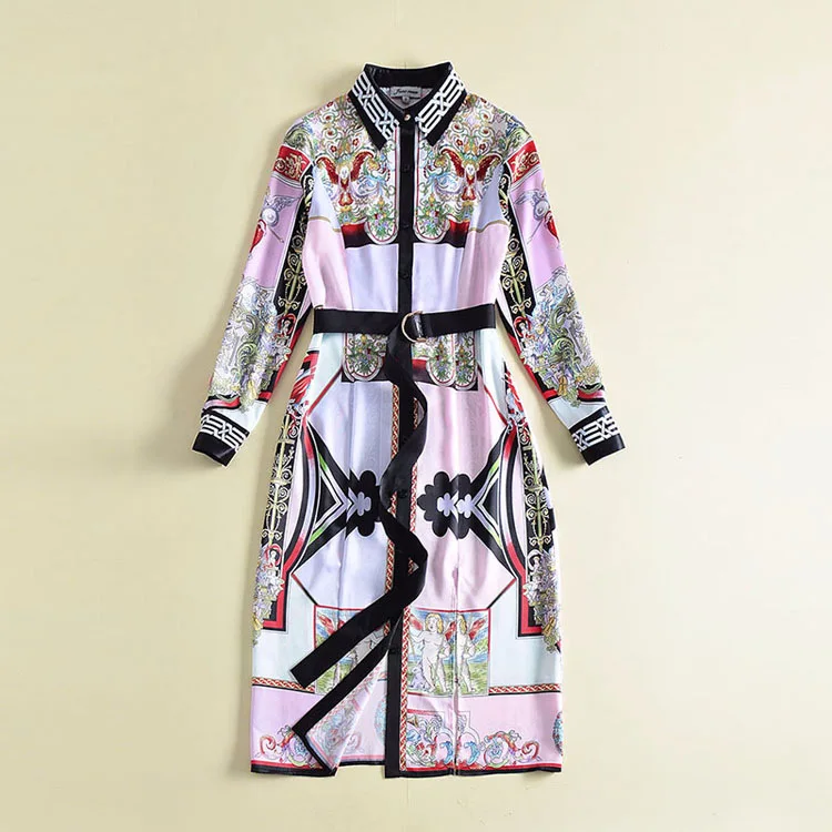 

Fashion Women Dress 2018 New Arrival Autumn Women Turn-Down Collar Long Sleeve Print Single-Breasted Belt Dress