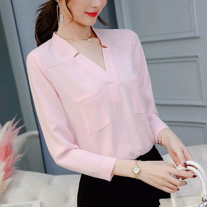 

women polyester V neck blouse long sleeve blue pink white tops summer autumn Korean fashion casual shirt female clothing
