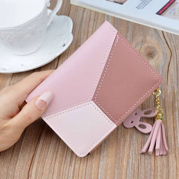 Pink Новинка, женский кошелек, трендовый Кошелек для монет, короткие кошельки, держатель для карт, кожа, в стиле пэчворк, модные женские кошельки на молнии - Цвет: Pink