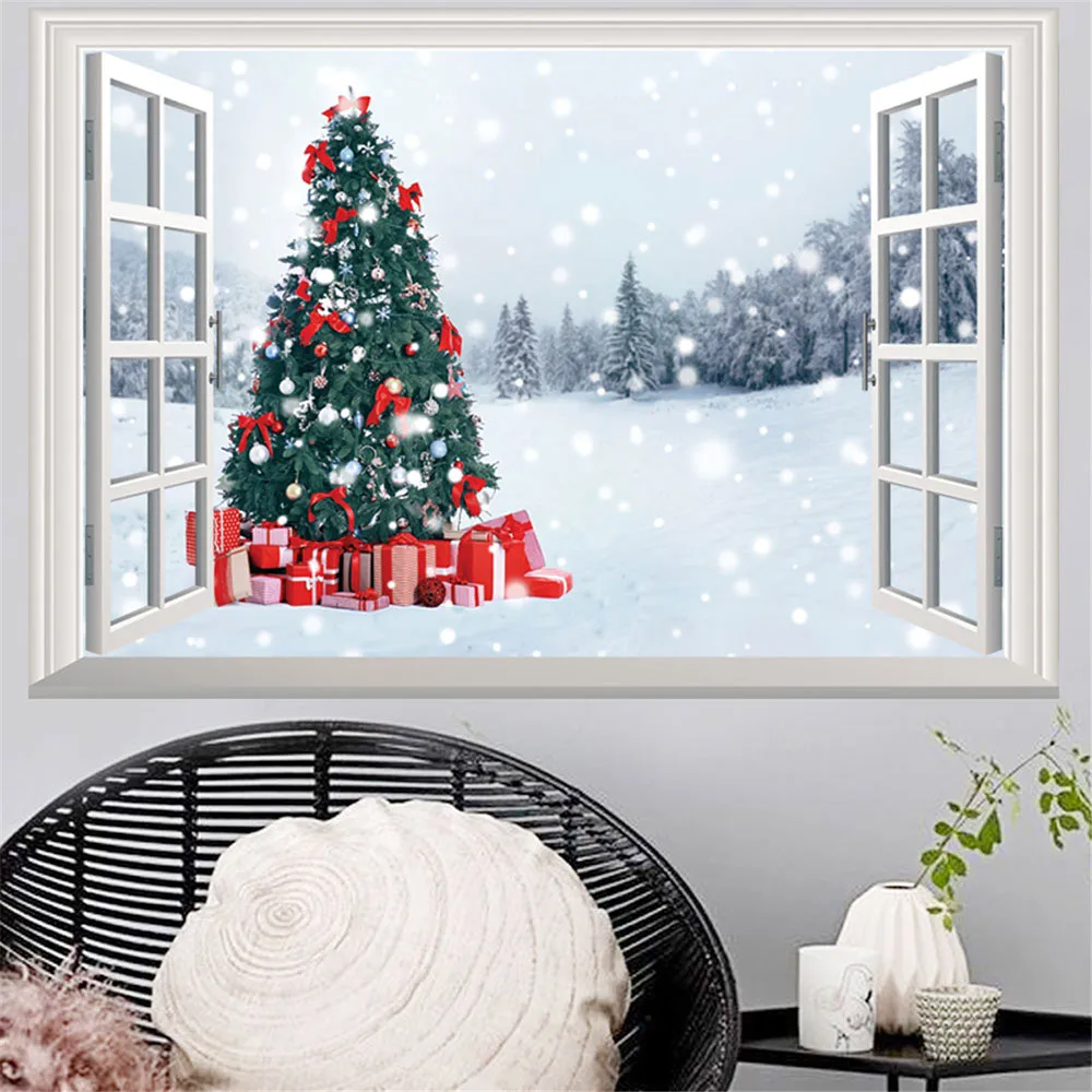 B Merry Christmas 3D поддельные окна обои Санта Клаус Рождественская елка иллюстрация дома гостиная спальня арт деко стикер стены - Цвет: B