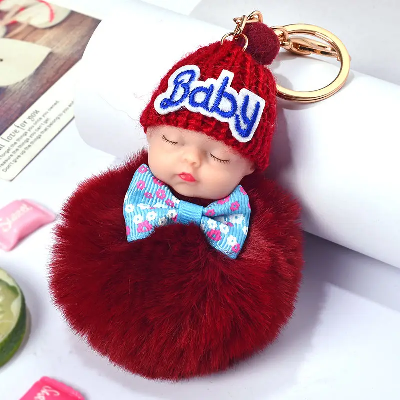 HYBZH Hot Sell Cute Sleeping Baby Doll Key Chain Faux Rabbit Fur Keychain Fluffy Pom Keyring Bag Car Trinket Women Gift | Украшения и