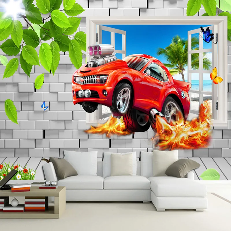 Фотообои 3D мультфильм автомобиль сломанные стены фрески для детской спальни