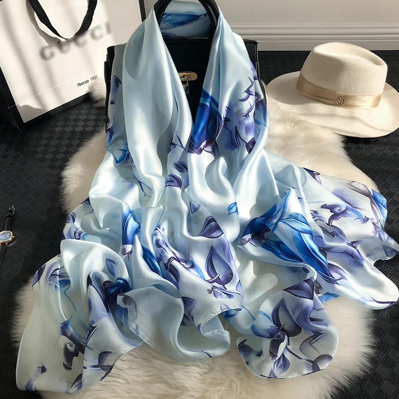

RUNMEIFA 2019 New Fashion Silk Scarf For Women/Ladies Long Soft Flower Printing Wraps and Shawls Summer Beach Female Foulard