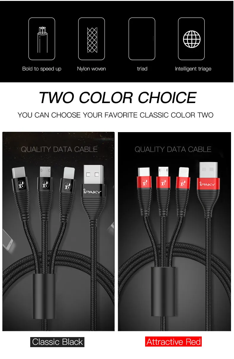 IPAKY USB кабель 3 в 1 быстрая зарядка usb-шнур синхронизации данных usb type C кабель для huawei mate 20 P30 для iPhone samsung Xiaomi