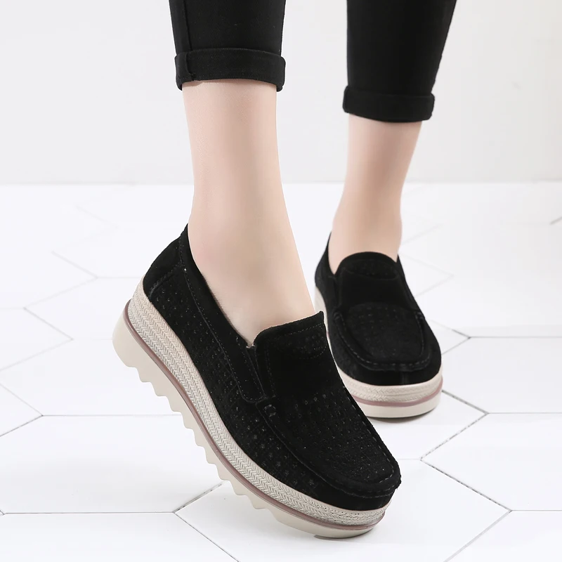 Hollow out black Летняя женская обувь на плоской подошве; кроссовки на платформе; женские лоферы из натуральной замши без застежки; мокасины; повседневная женская обувь с толстой мягкой подошвой - Цвет: Hollow out black