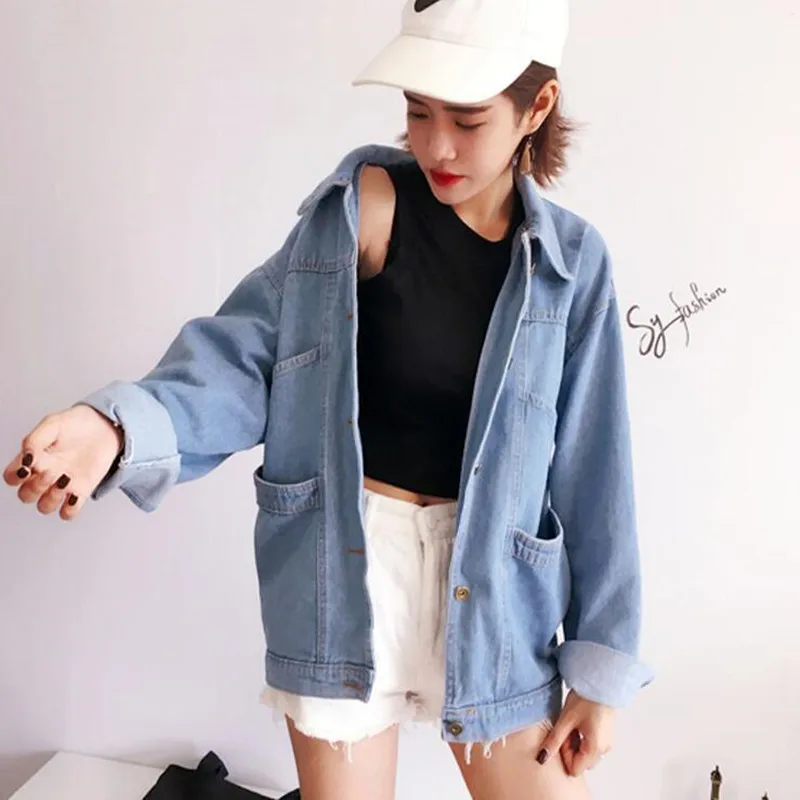 Danjeaner Bf Wind Женские повседневные свободные джинсы куртки с двумя большими карманами плюс размер однотонный отложной воротник джинсовая куртка пальто