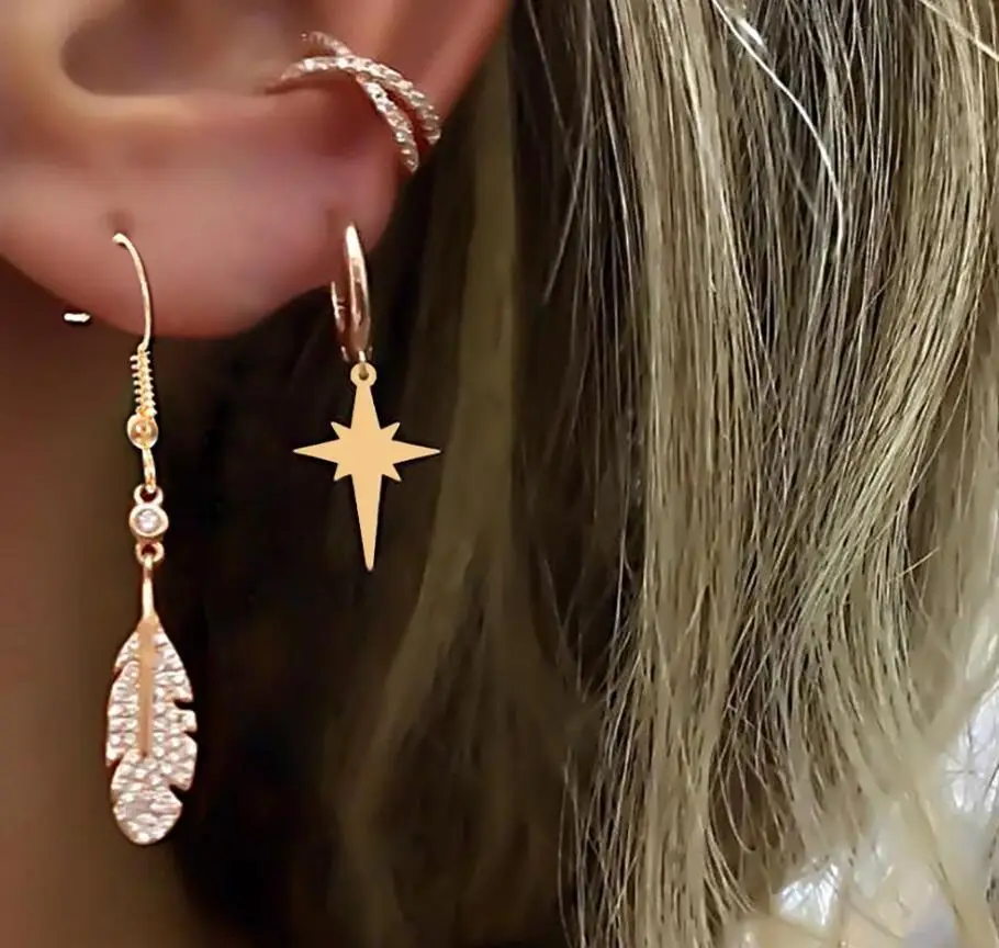 Женские серьги-кольца в виде звезды и Луны | Украшения аксессуары