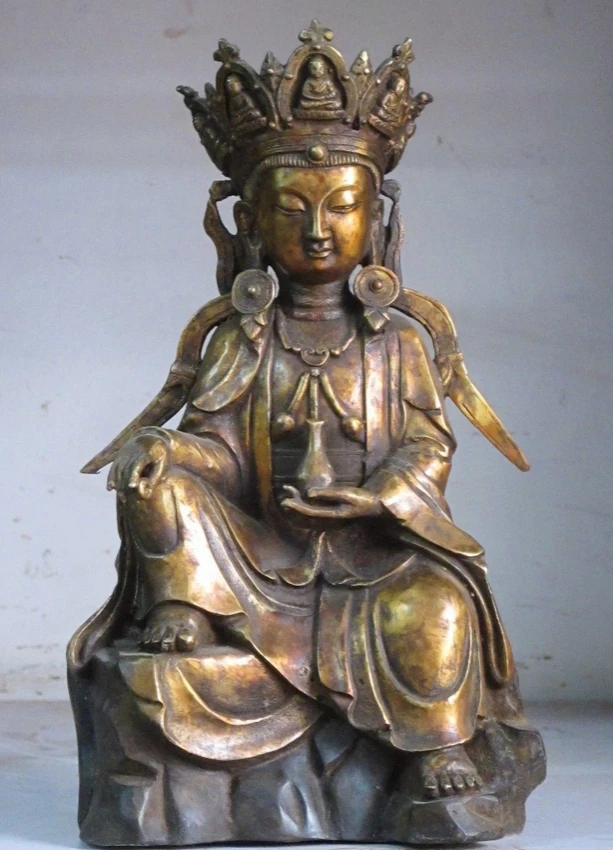 

bi001401 11"Tibet Buddhism Fane Bronze gilded hold bottle guan yin Kwan-Yin Buddha Statue