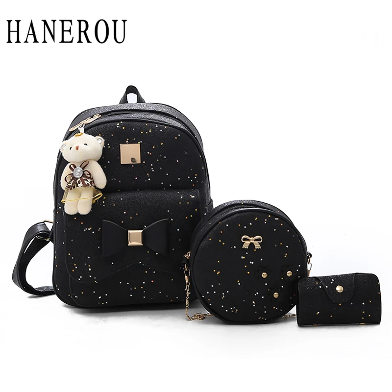 HANEROU 3 шт./компл. Дамские туфли из pu искусственной кожи женские школьные сумки для девочек подростков с бантами и рисунком прочный каркасный рюкзак сумка кошелек для карточек с блестками и сумки