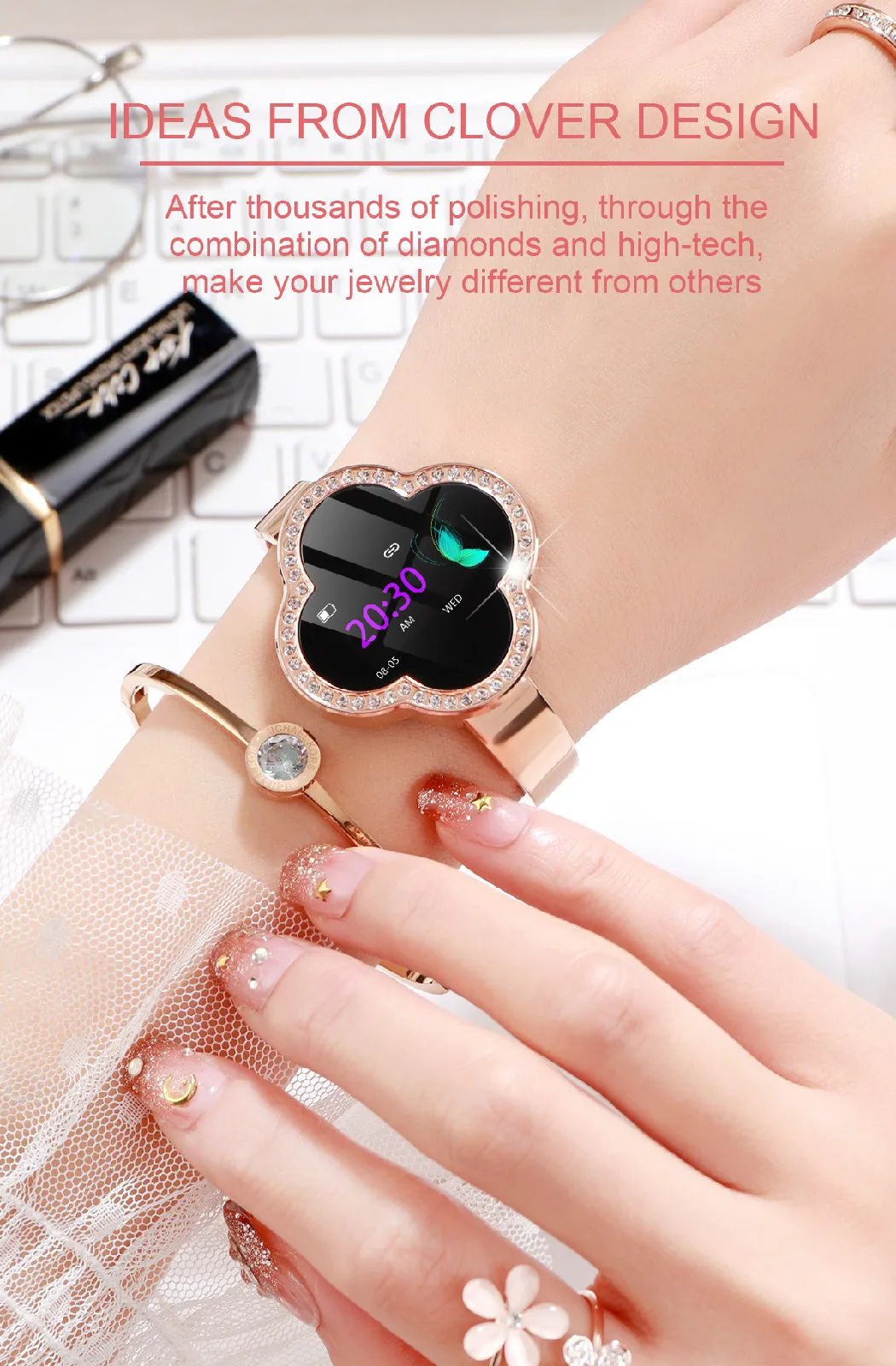 Fashion Smart Bracelet Lady Heart Rate Blood Pressure Oxygen Sport Calorie Clover IP67 Waterproof Watch for IOS Android | Электроника