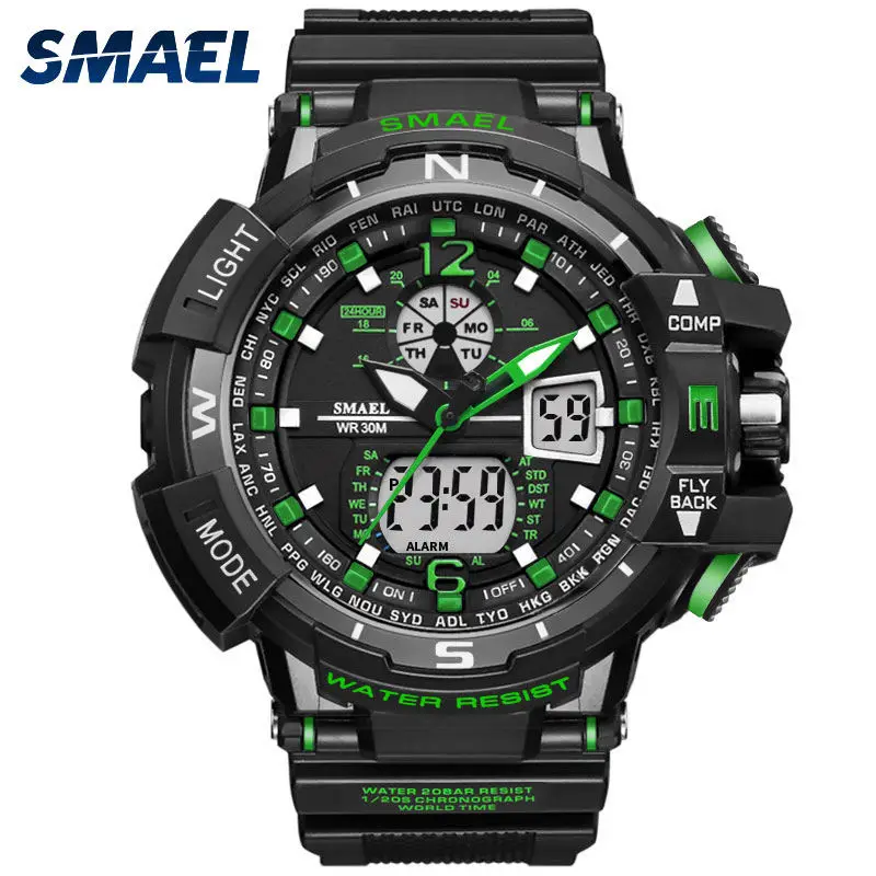 black green SMAEL мужские часы лучший бренд класса люкс кварцевые цифровые часы Мужские Военные Спортивные Водонепроницаемые наручные часы Relogio Masculino - Цвет: black green