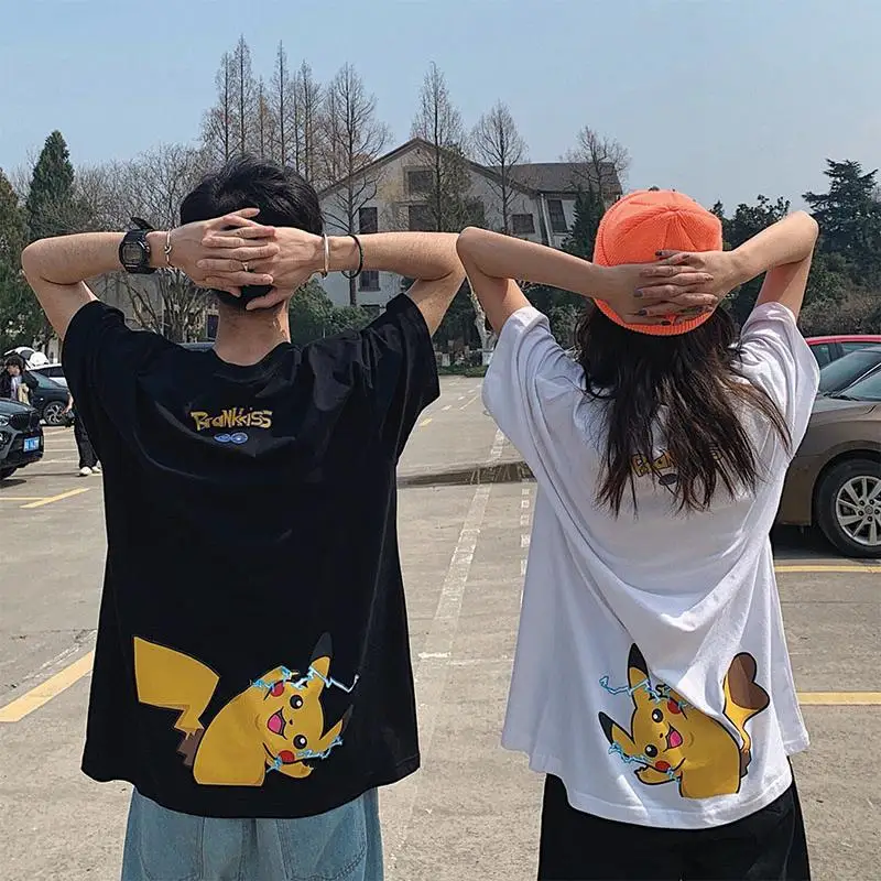 Футболка с короткими рукавами и рисунком Пикачу в стиле унисекс свободные Модные