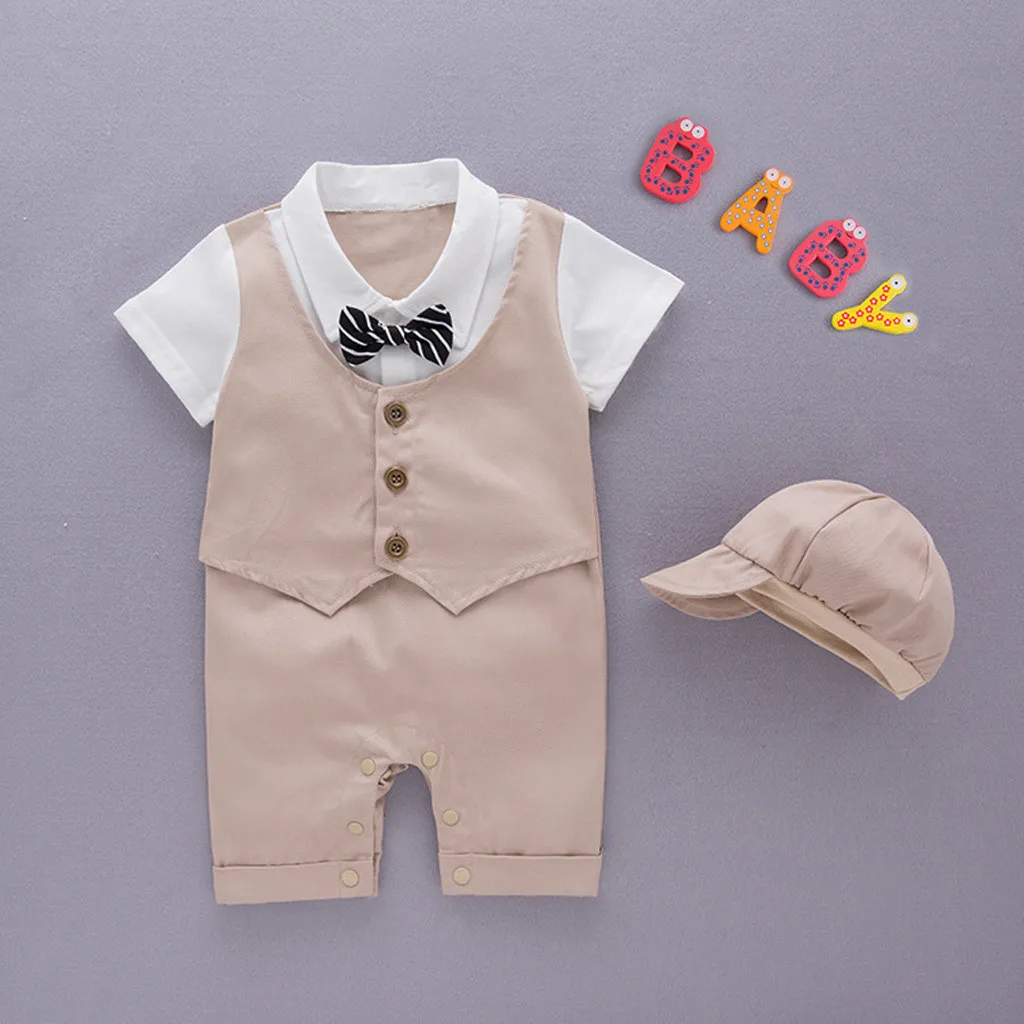 Children's gentleman's suit Infant Baby Short Sleeve Gentleman Romper Solid Print Jumpsuit +Hat boys clothes children clothes#06 |