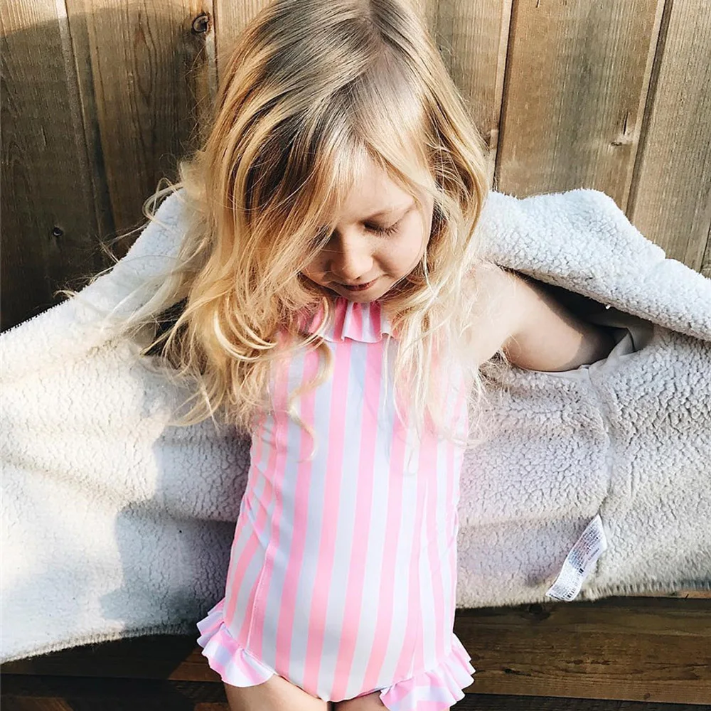

Baby Girl Clothes Sleeveless Pink Stripe Swimwear Toddler Girls Summer Clothing Bathing Swimming One-piece Bikini Costume 2-6Y