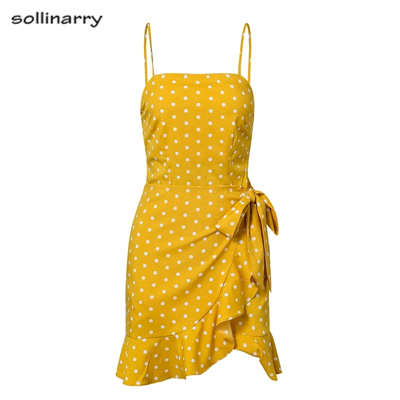 Sollinary Yellow spaghetti strap dot summer beach dress Short sexy women Chic bow ruffles party casual vestidos 2018 | Женская одежда