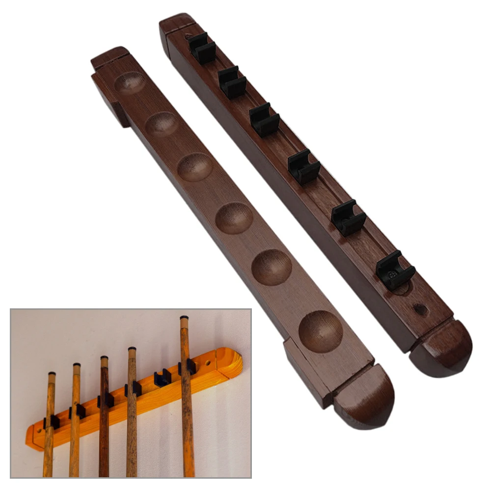 6-Cue Wall Mount Wood Cue Rack Billiard Hardwood Sticks Holder with Pool Clips | Спорт и развлечения