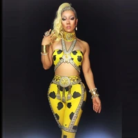 summer yellow printed jumpsuit crystals women sleeveless bodysuit outfit dance stage show nightclub costume party wear