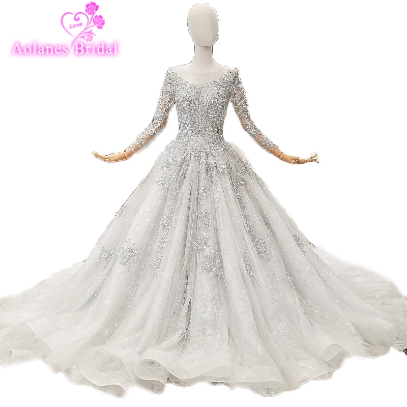Фото Женское свадебное платье с длинным рукавом элегантное серое 3d цветами и бисером