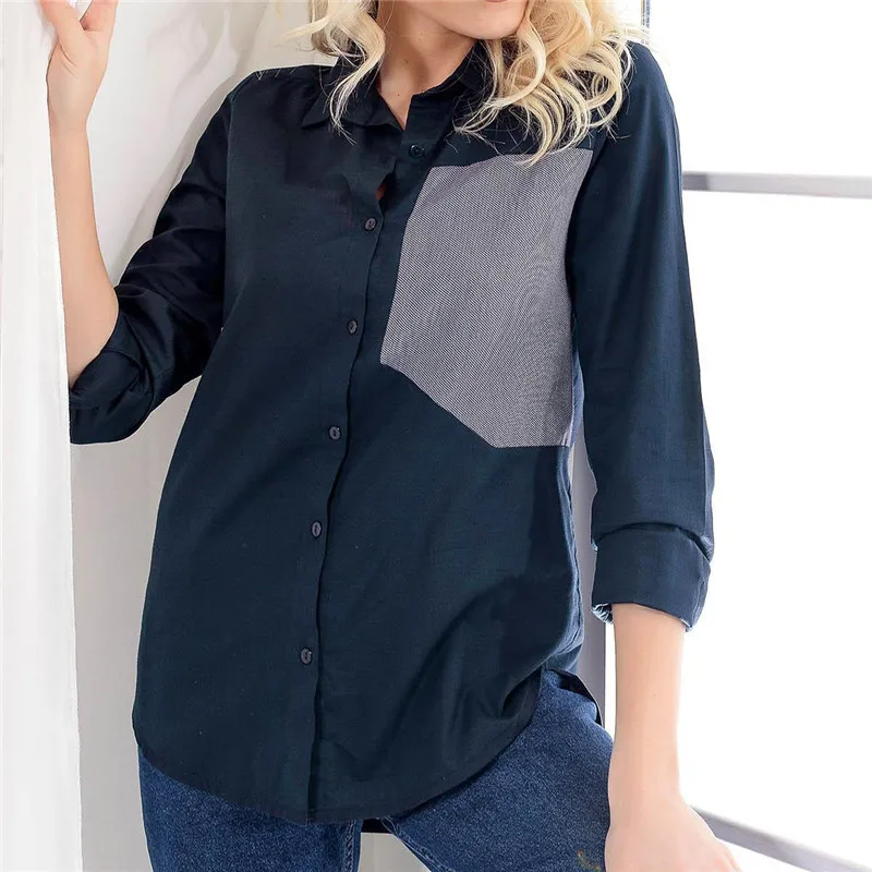 New Printed Long Sleeve Vintage Blouse Turn Down Collar Shirt Blusas Feminino Ladies Office Blouses Womens Blue Patchwork Tops