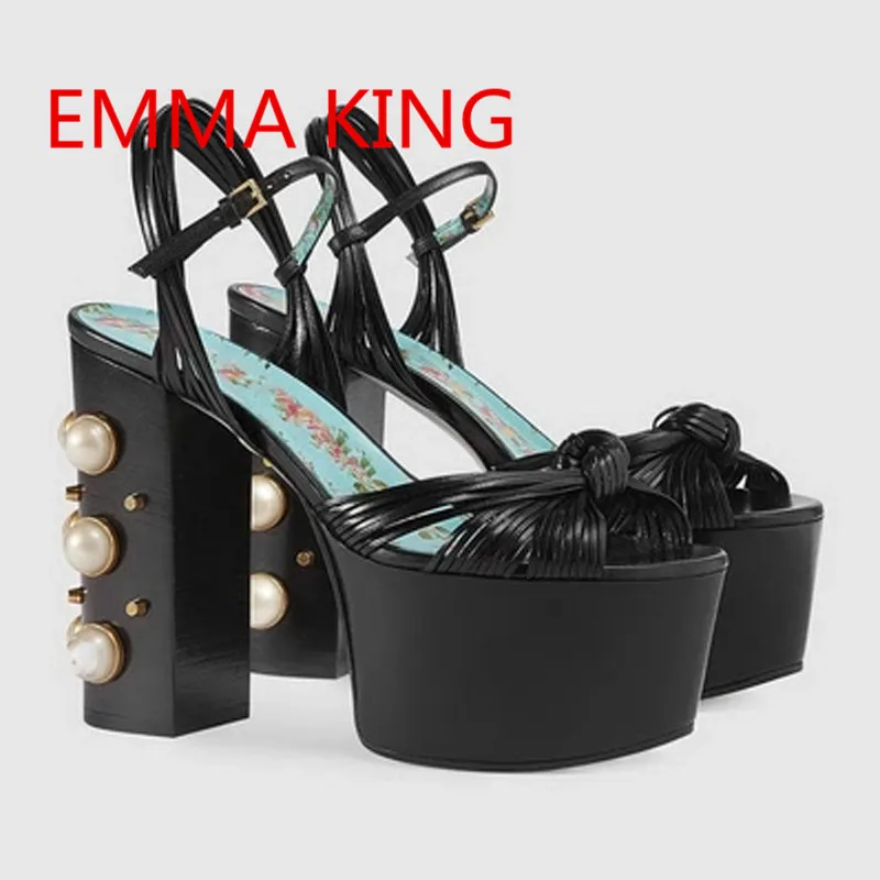 

Runway 2018 New Women's Platform High Heels Sandals Ankle Strap Pearls Studded Block Heels Pumps Woman Summer Creepers Shoes