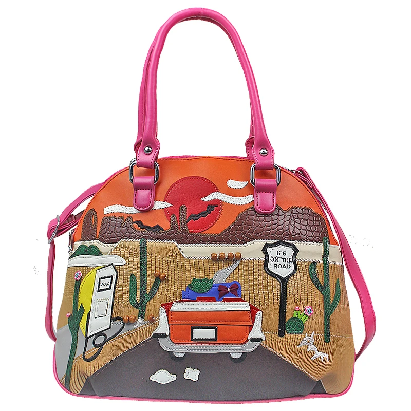 

Women Leather Patchwork Embroidery Shoulder Bags Messenger Bag Handbags Totes Braccialini Brand Style Cartoon Route 66