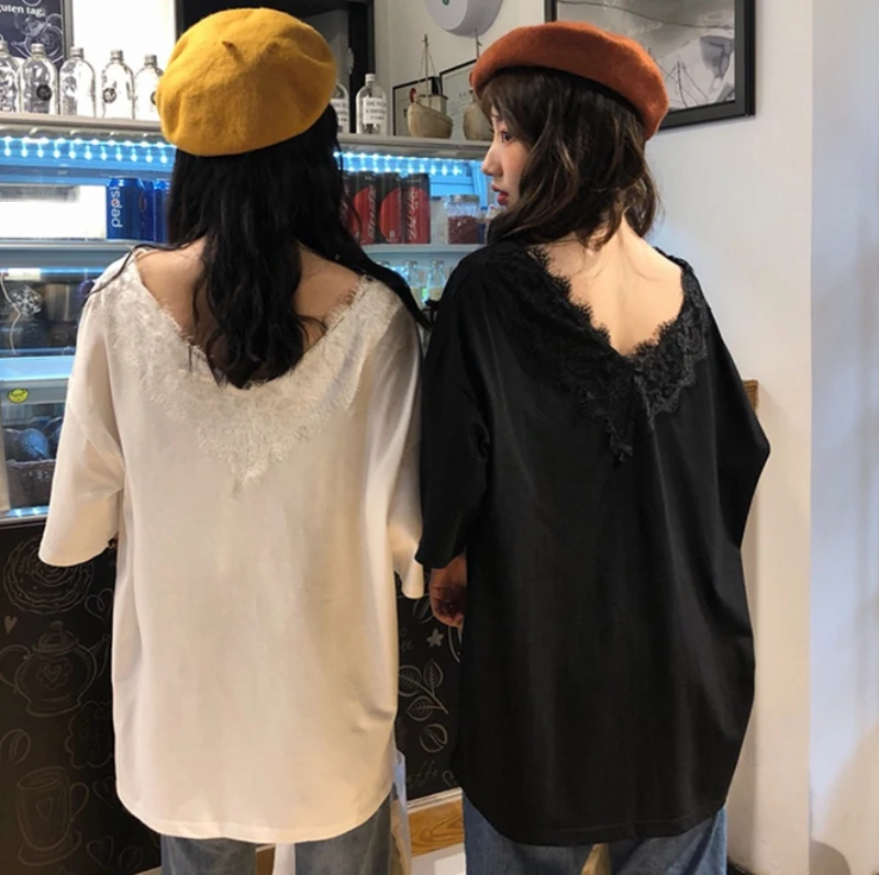 Harajuku сексуальные кружевные женские футболки Ulzzang летние с коротким рукавом