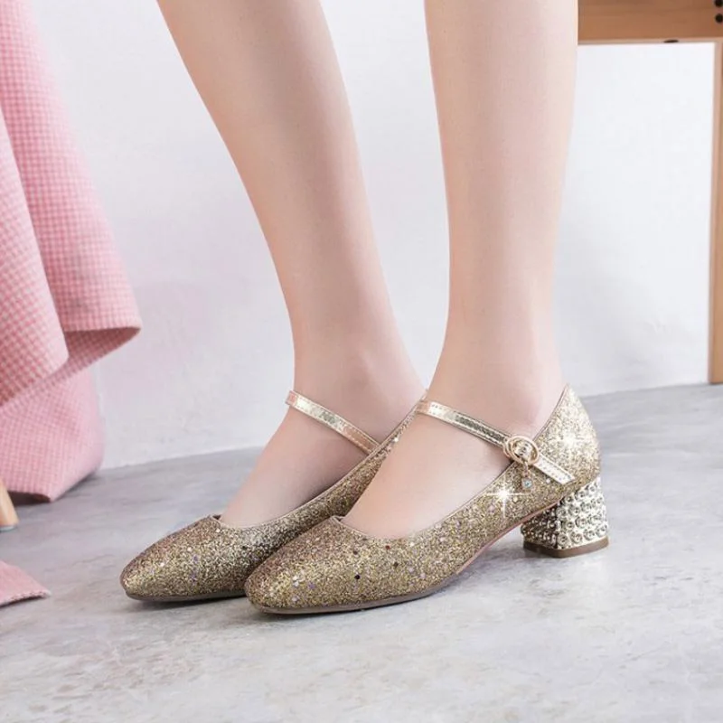 Taoffen Square Heel Small Size 30-43 Round Toe Ladies Pumps Bling Buckle Party Wedding High Shoes Women Vacation Club | Обувь
