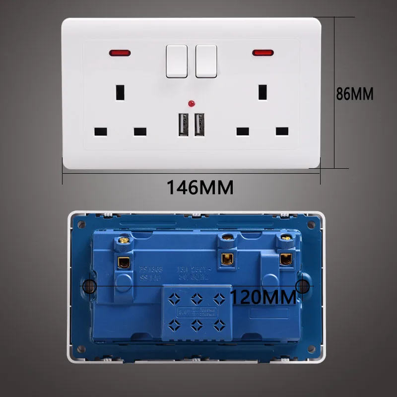 Многофункциональная электрическая настенная розетка с 2 usb-портами для зарядки телефона, AC 250 В, английская стандартная вилка с двумя кнопками, led