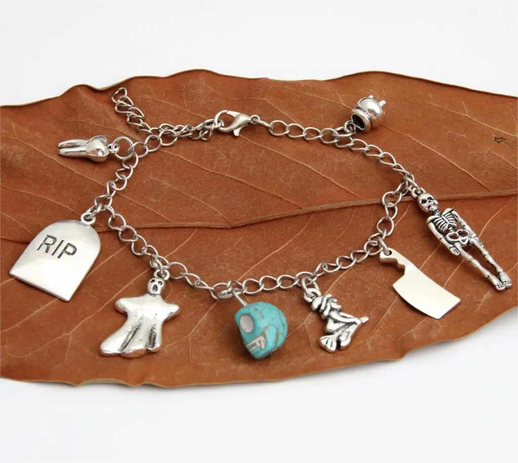 1pc Halloween Gift Skull Witch Tooth RIP Knife Charms Chain Link Bracelet For Men Women Jewelry E2017 | Украшения и аксессуары