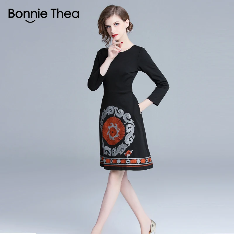 Женское черное вечернее платье с вышивкой Bonnie Thea Осеннее облегающее элегантное