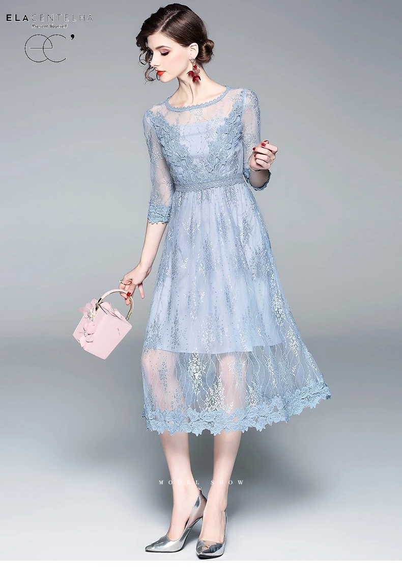 ElaCentelha Women Office Lady Dress Half Sleeve Mid-Calf Length O-Neck Collar Summer Women's A-Line Patchwork Lace New | Женская