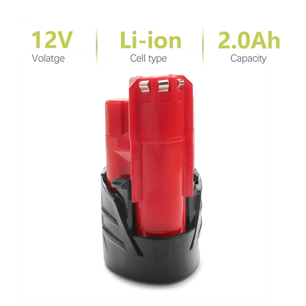 Powtree для Milwaukee 2 шт 2000mAh 12V M12 красный Электроинструмент Замена батареи 48 11 2420 2401 C12 BX