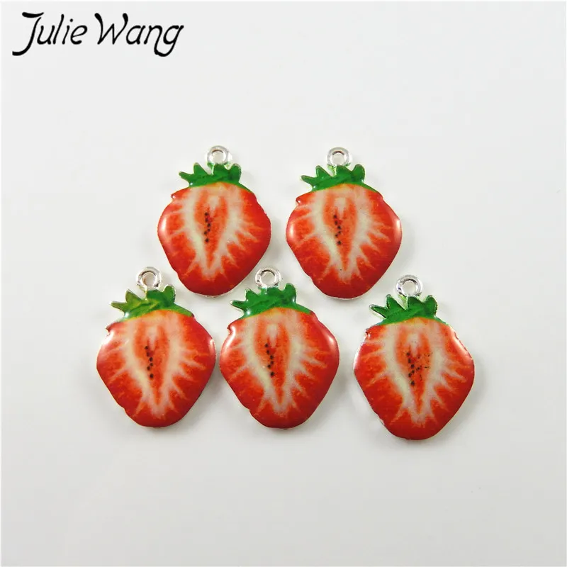 Julie Wang 10pcs Green Apple Kiwi Orange Strawberry Cute Fruit Shape Enamel Alloy Little Charms Women Jewelry Findings Hot Sale