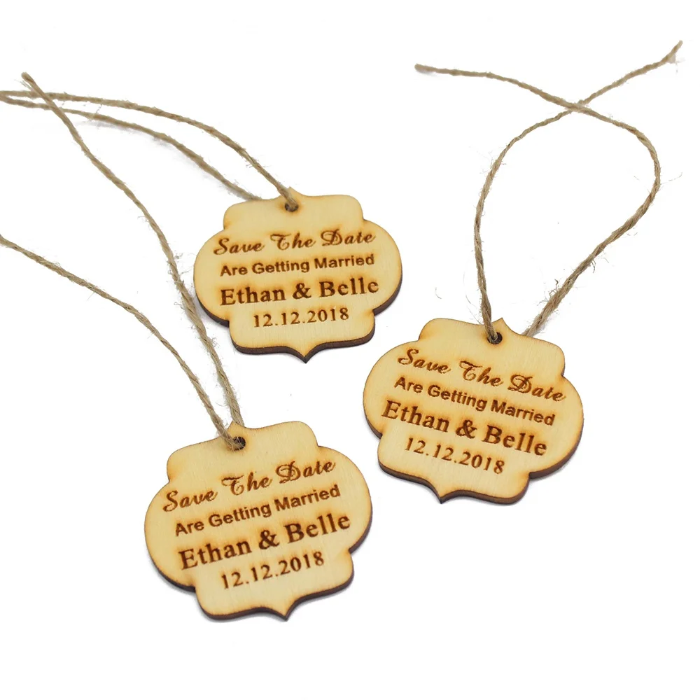 

Набор 0f 100 шт Персонализированные Выгравированные деревянные Свадебные винные ярлыки сохранить дату тег с джутовой лентой украшение партии сувениры 50x50mm