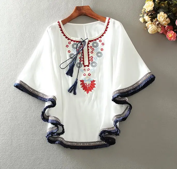 Women's Spring summer butterfly Sleeve embroidery Shirt Female Vintage National Loose Casual Shirt Blouse TB1348