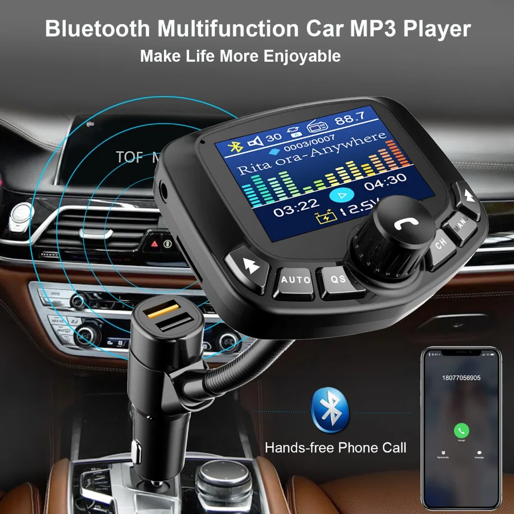 JINSERTA 1,8 дюймов Bluetooth MP3-плеер fm-передатчик с двойным usb-портом QC3.0 поддержка u-диска, TF карта, Вход AUX Выход