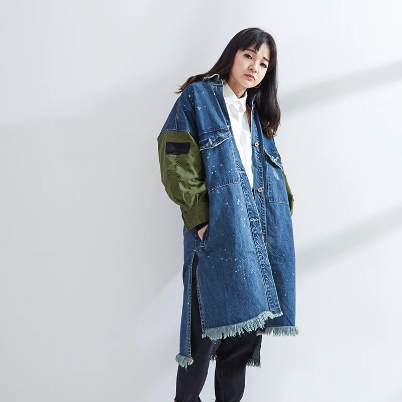 Новое прибытие Корея женские синие джинсовые jackcet отложной воротник Лоскутные