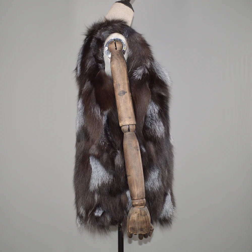 Женский Длинный жилет из натурального меха серебристой лисы стильный Теплый