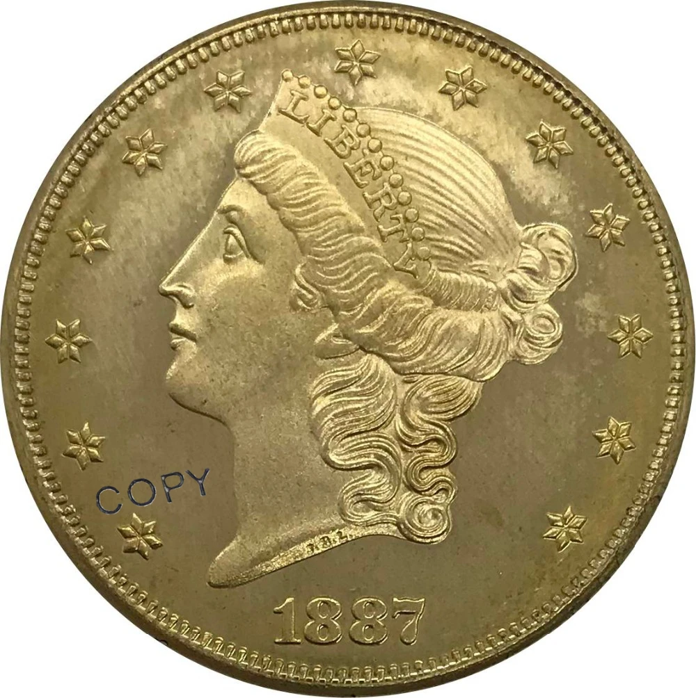 

Коллекционные монеты США 1887, 20 двадцати долларов, голова свободы, двойной Орлан с девизом, золотая монета, латунные монеты, копия