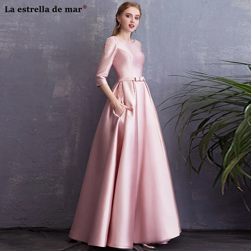 Vestido madrinha longo2019 атласный жемчужный рукав три четверти ТРАПЕЦИЕВИДНОЕ розовое платье подружки невесты ретро свадебное платье abiti dami