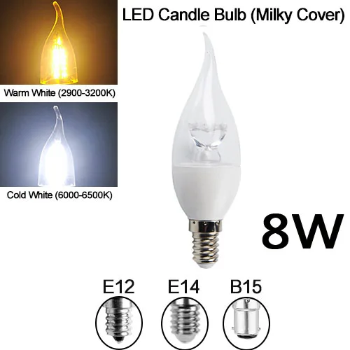 Milky Candle 8W E14 Светодиодный светильник-свеча E27 энергосберегающая лампа 3 Вт 5 Вт 7 Вт 8 Вт Точечный светильник Bombilla Lampara Люстра для домашнего декора E12 B22 B15 - Испускаемый цвет: Milky Candle 8W