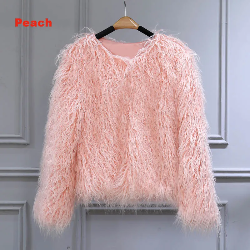 peach Женские зимние куртки, пальто, Монгольская овца, искусственный мех, черная пушистая куртка, пальто, утолщенная, теплая, с длинным рукавом, роскошная, меховая верхняя одежда - Цвет: peach