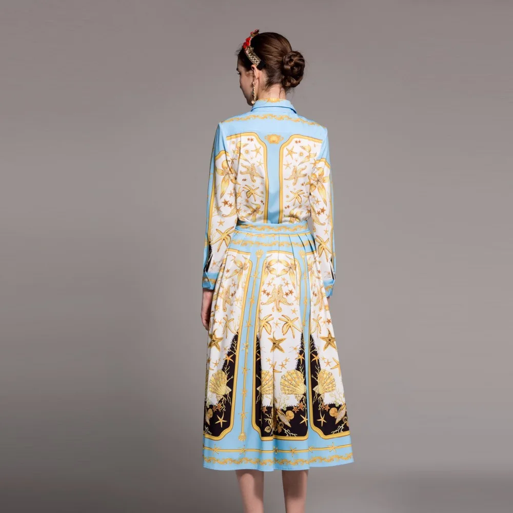 2018 New Spring Vintage Print Women Sets High Quality Fashion Full Sleeve Turn-down Collar Shirts +Pleated Skirts Retro Suits | Женская