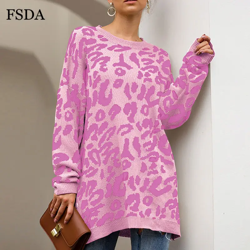 FSDA O Neck Long Sleeve Leopard Sweater Knitted Winter Spring Oversized Casual Green Pink Office Women Pullovers | Женская одежда