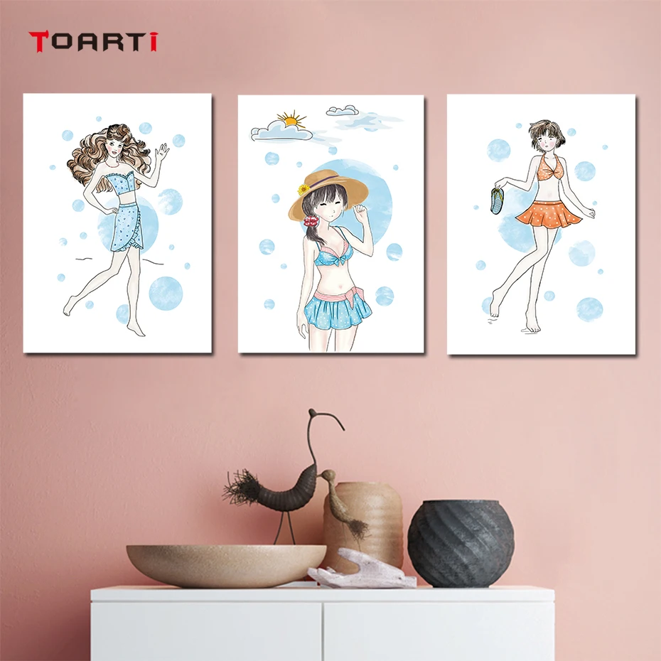 Sweet Girls Swimsuit Show Wall Art Colorful Cartoon Canvas Painting Modern Pictures Vintage Posters&ampPrints Room Home Decor | Дом и сад