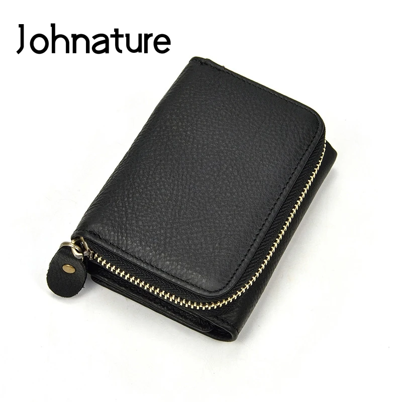 Johnature 2020 New Genuine Leather Casual Tri fold Short Men Womens Wallets And Purses Multi card position Cowhide Small Wallet|Мужские